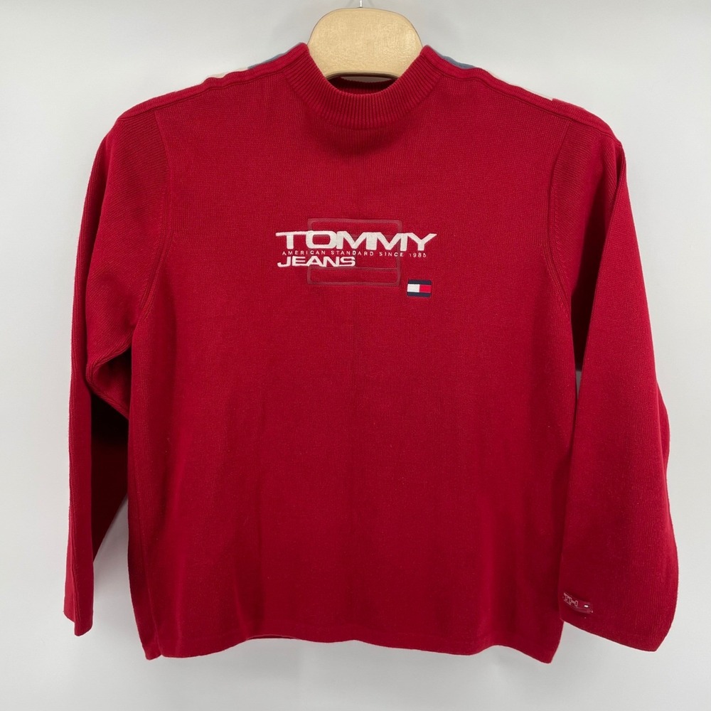 Tommy Jeans Vintage Red Cotton Knit Sweater Men's XXL Stars Stripes Logo Y2K